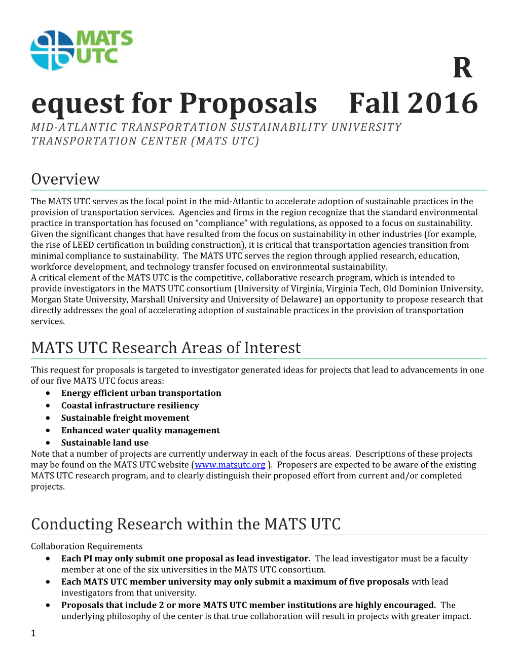 MID-ATLANTIC TRANSPORTATION SUSTAINABILITY University Transportation Center (MATS UTC)