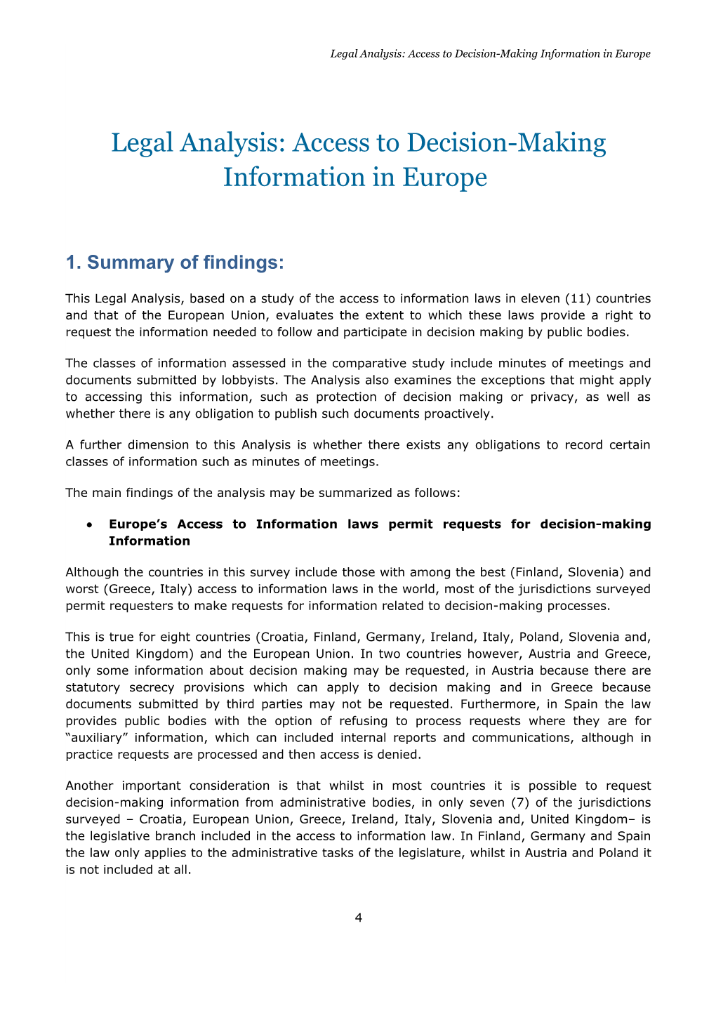 Legal Analysis: Access to Decision-Making Information in Europe