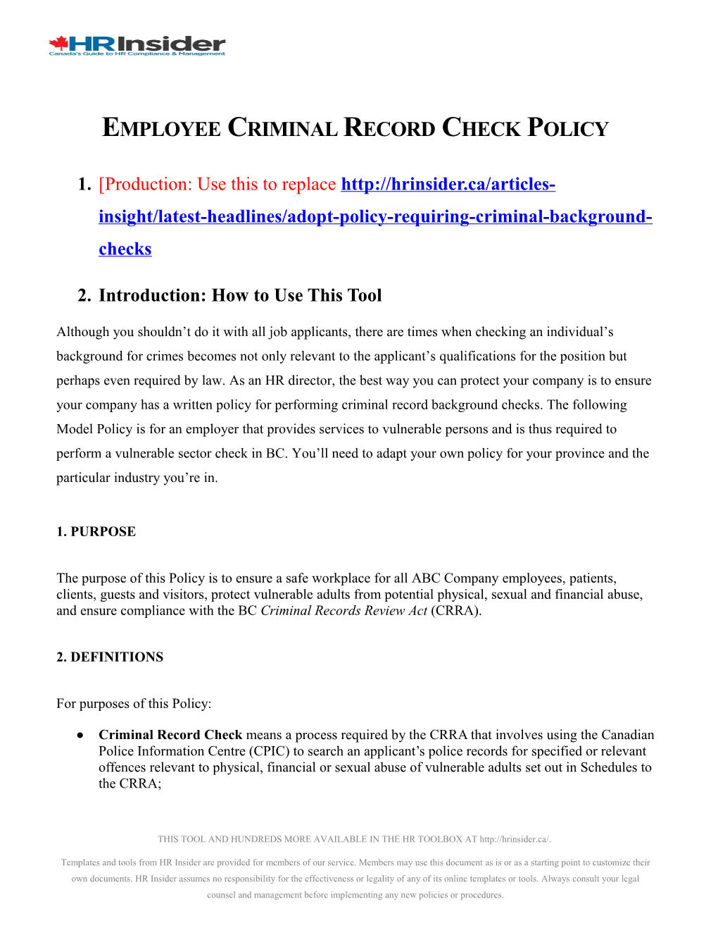 Employee Criminal Record Check Policy