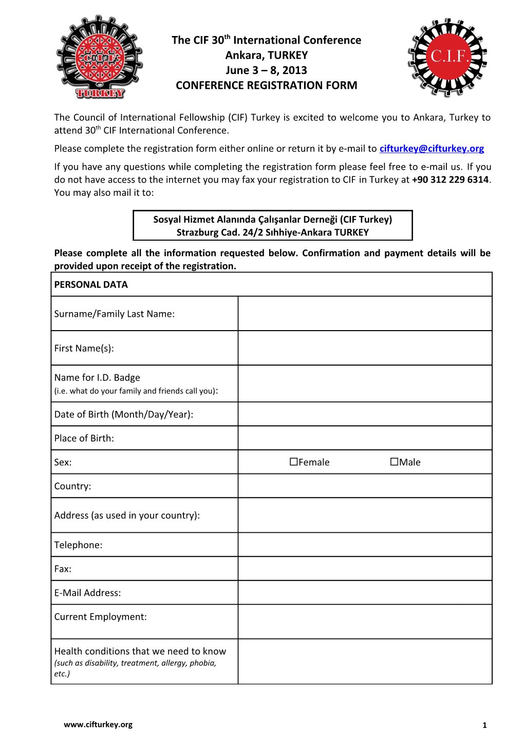 CIF 2013 Conference Registration Form