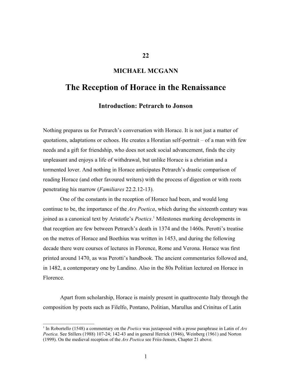 The Reception of Horace in the Renaissance