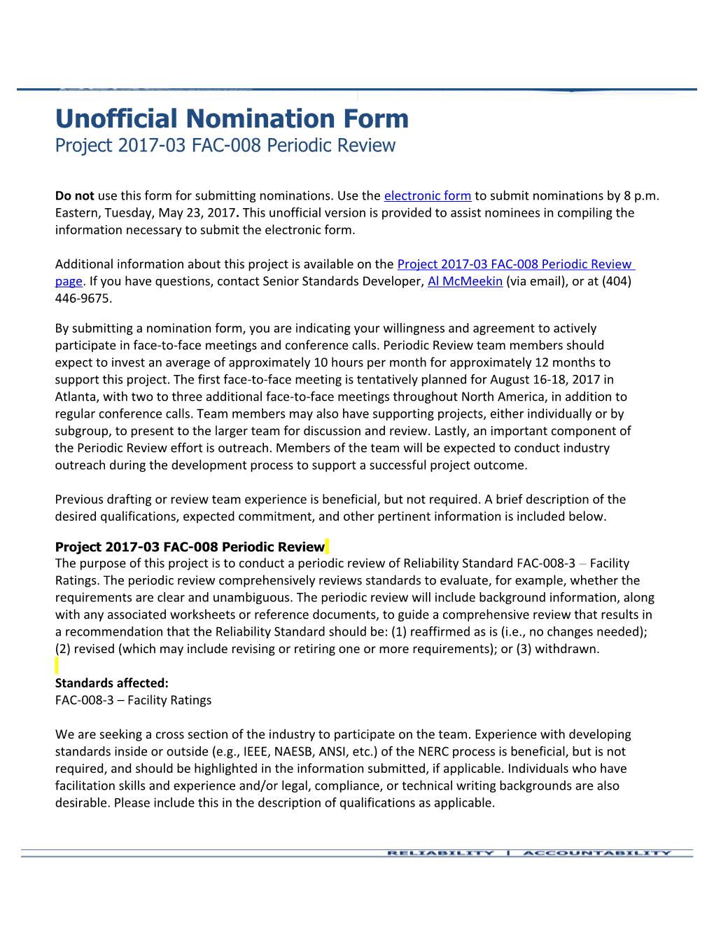 Unofficial Nomination Form Project 2017-03FAC-008 Periodic Review