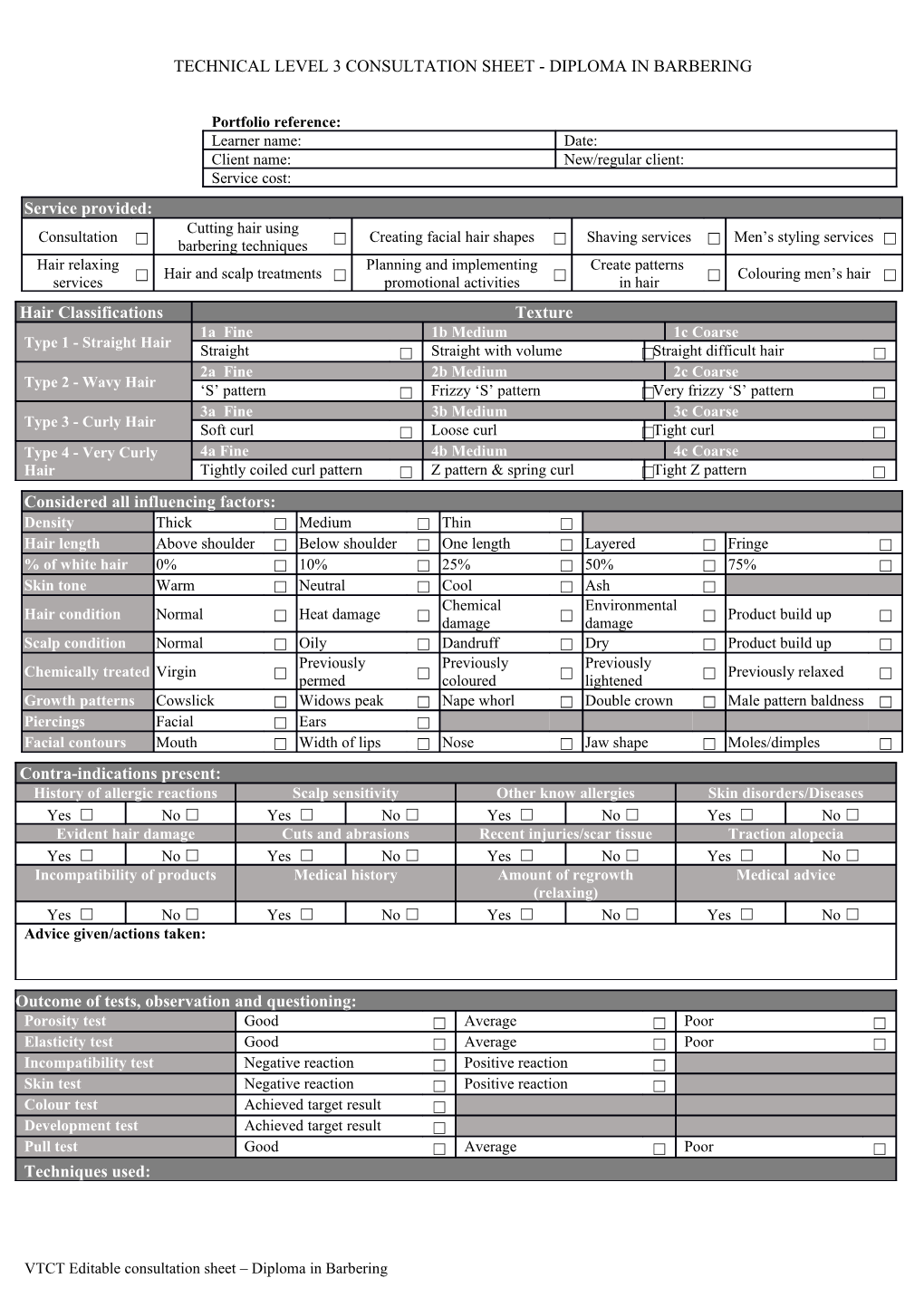 Technical Level 3 Consultation Sheet -Diploma in Barbering