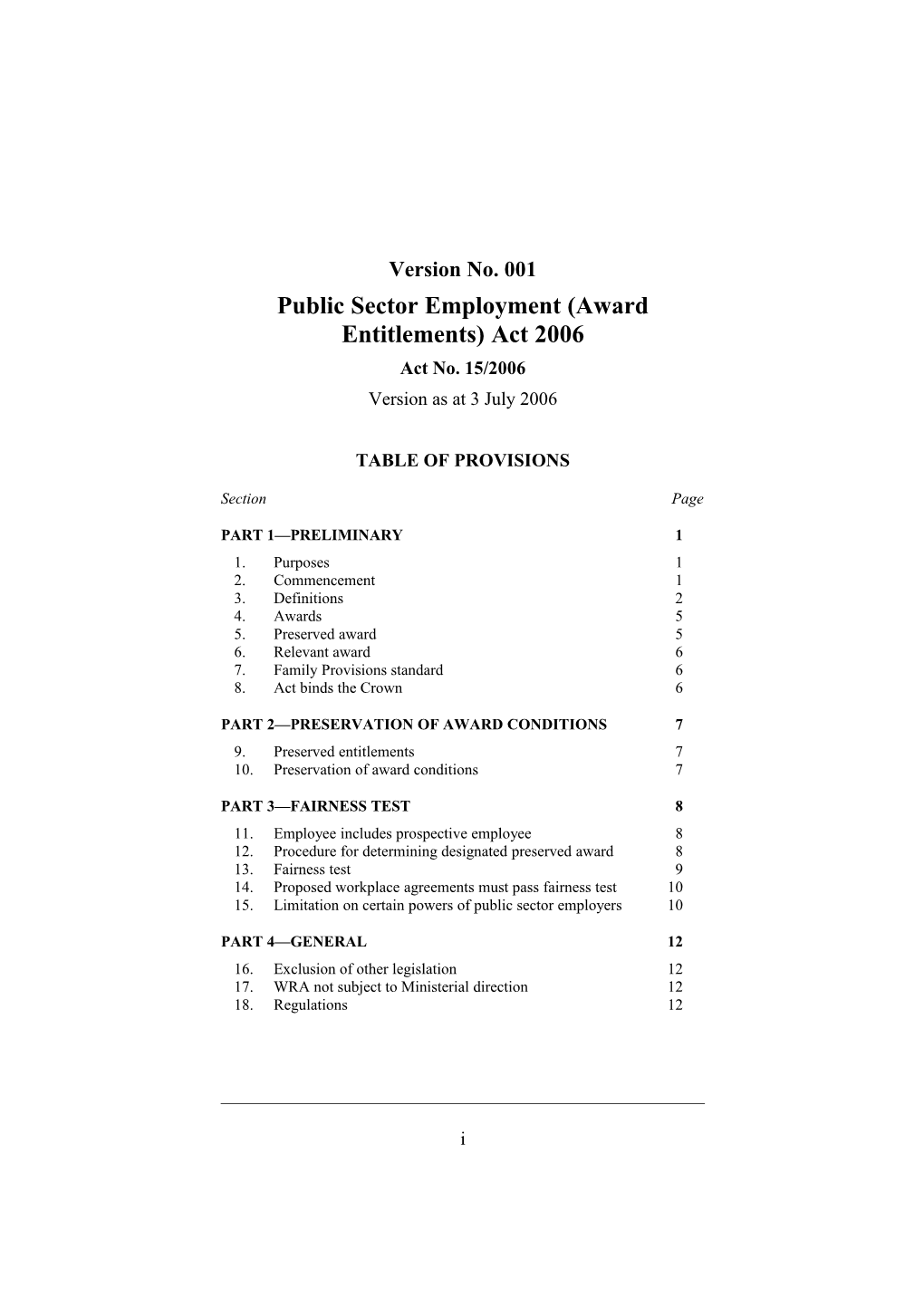 Public Sector Employment (Award Entitlements) Act 2006