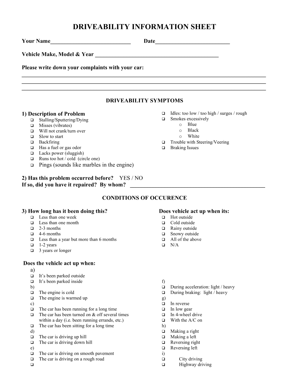 Driveability Information Sheet