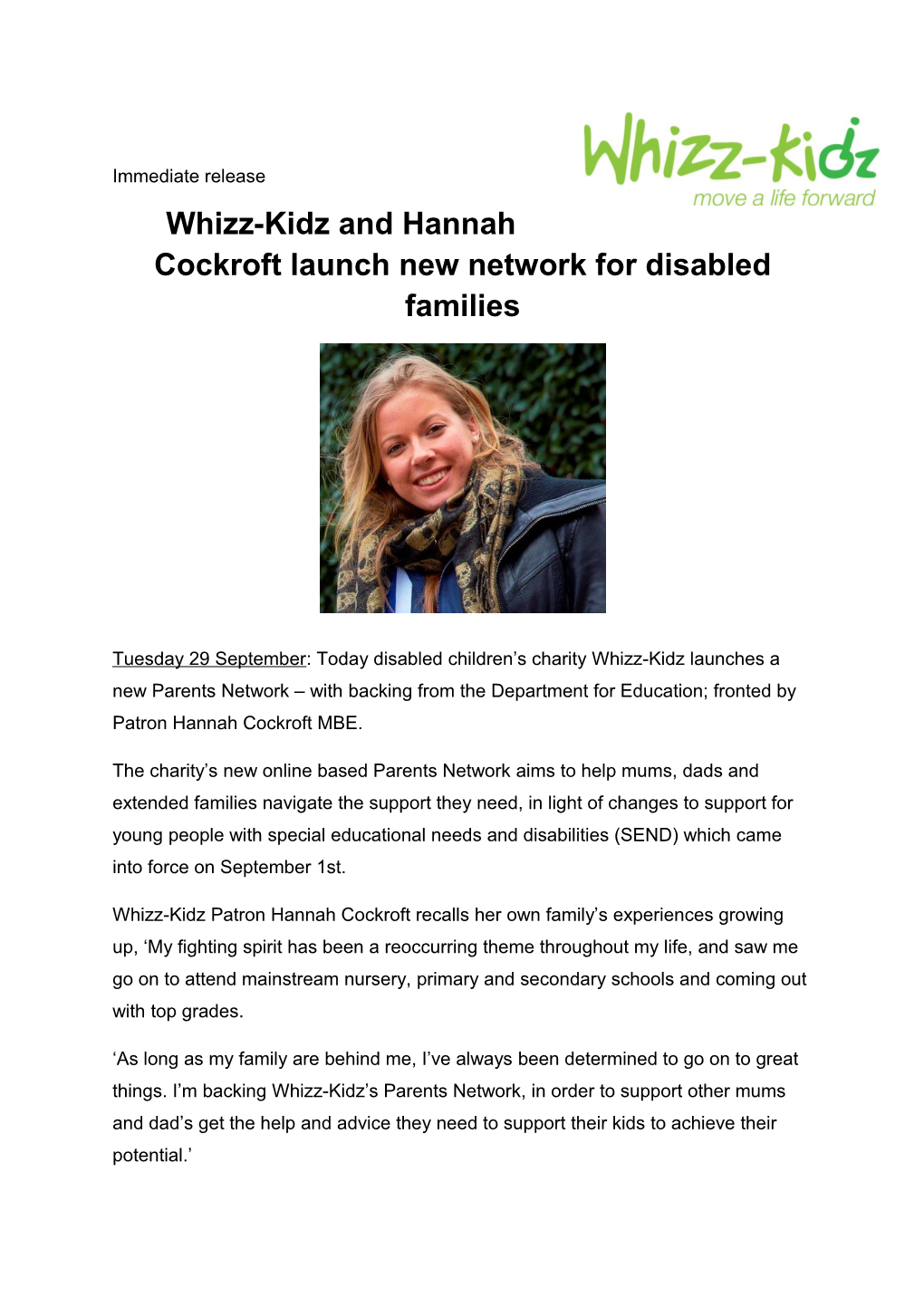 Whizz-Kidz and Hannah Cockroft Launch New Network for Disabled Families