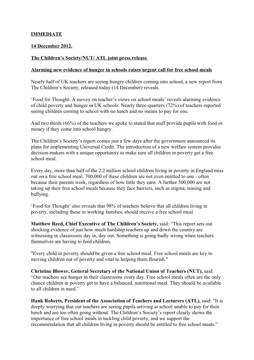 The Children S Society/NUT/ ATL Joint Press Release