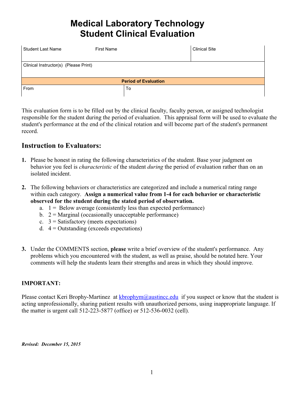 Medical Laboratory Technology Student Evaluation