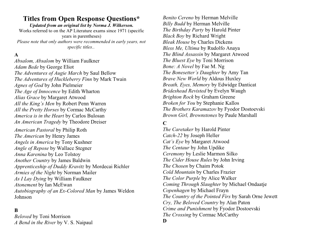 Titles from Open Response Questions* Updated from an Original List by Norma J. Wilkerson