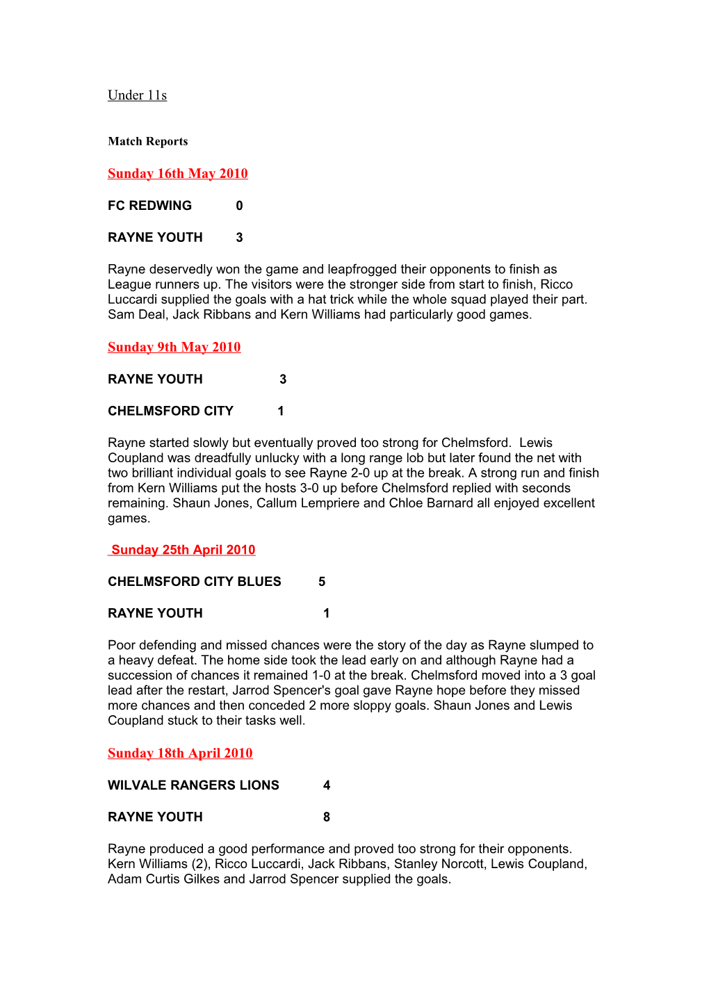 Under 11S Match Reports