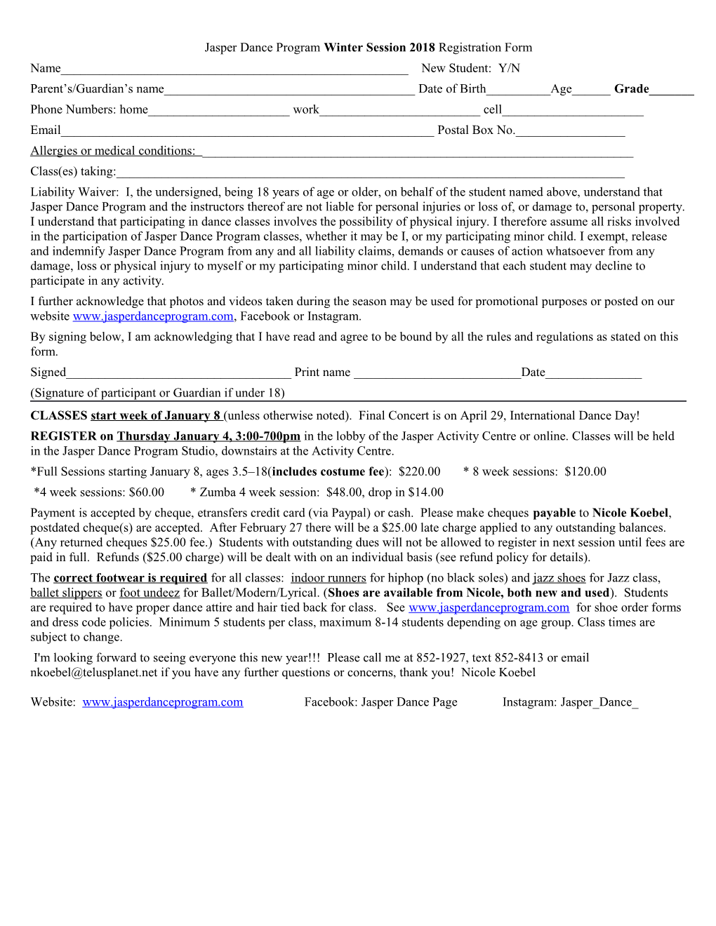 Jasper Dance Program Wintersession 2018 Registration Form