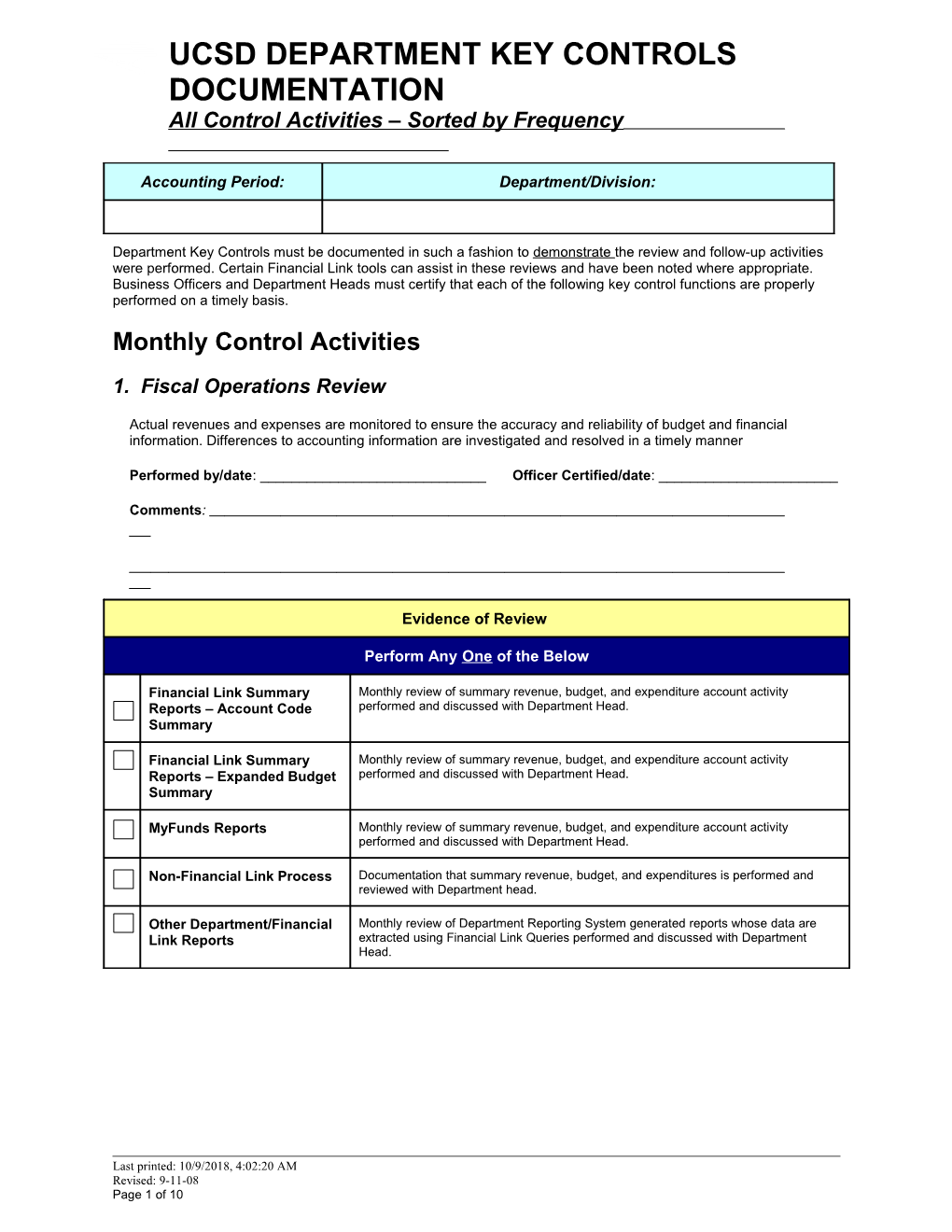 Departmental Key Controls