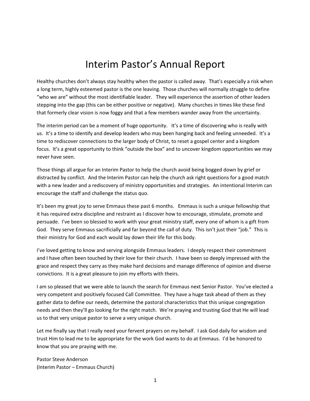 Interim Pastor S Annual Report