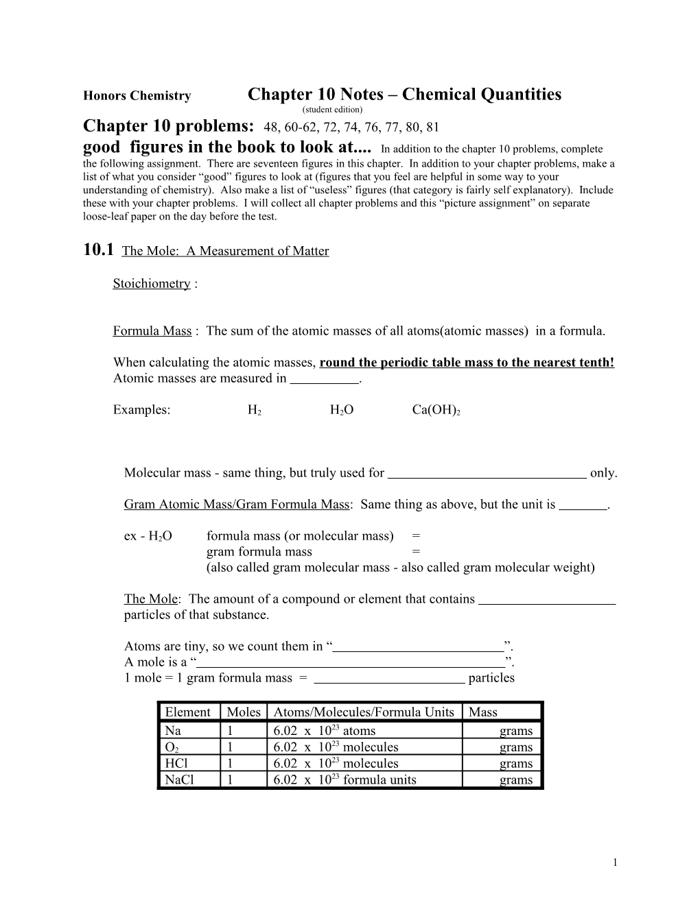 Honors Chemistrychapter 10 Notes Chemical Quantities