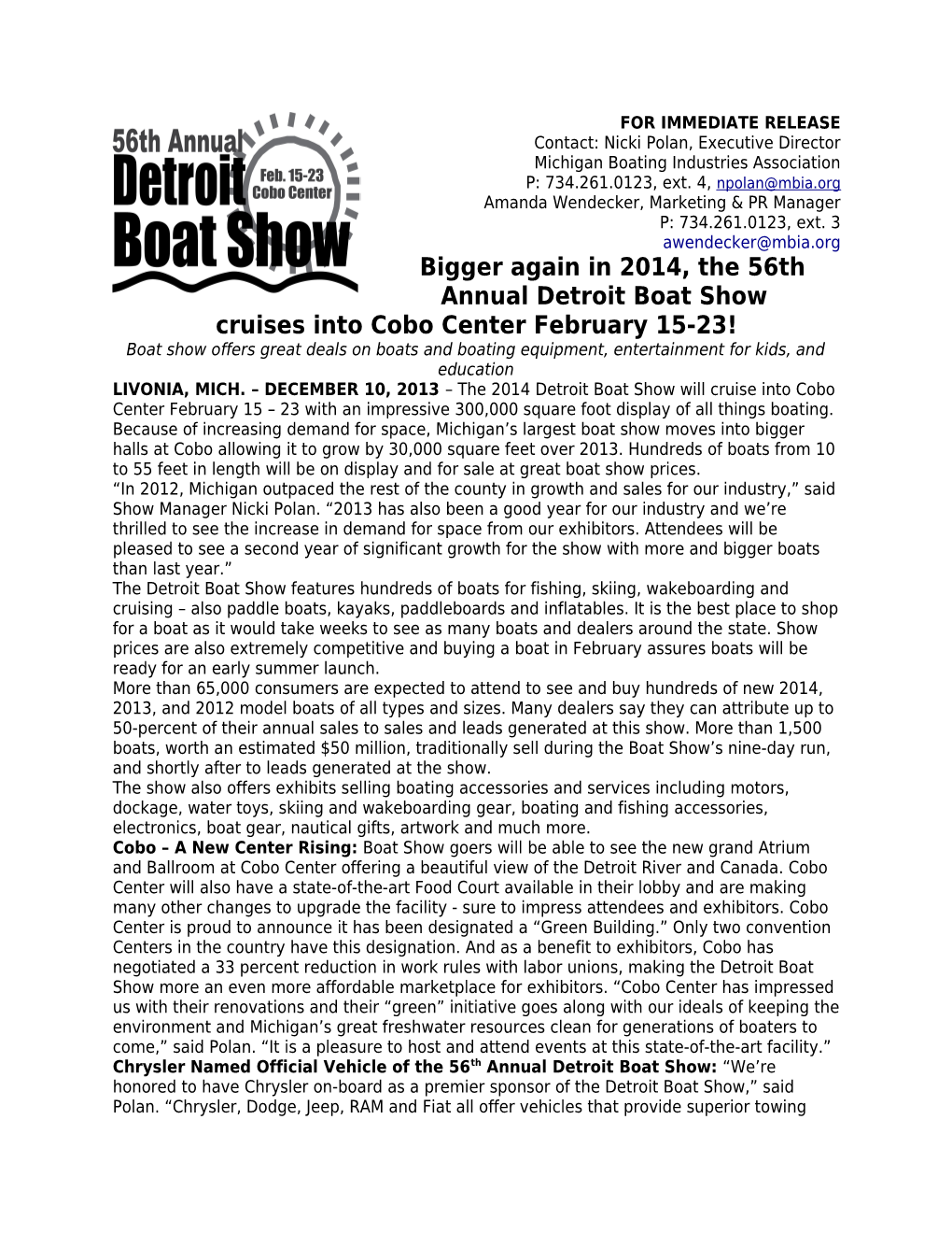 Bigger Again in 2014, the 56Th Annual Detroit Boat Show