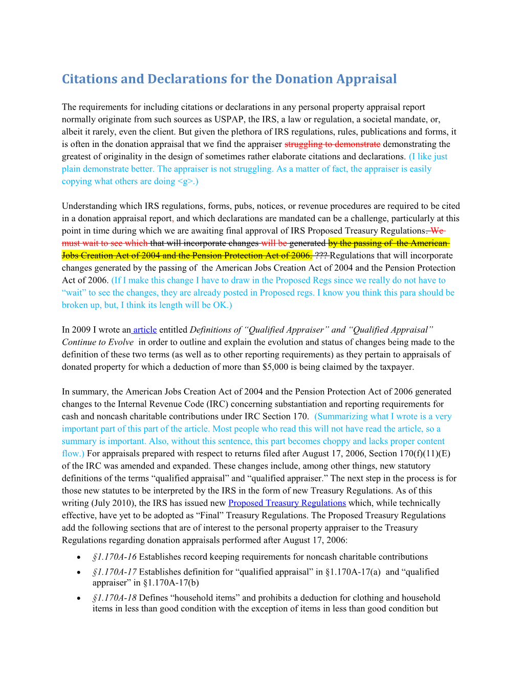 Citations and Declarations for the Donation Appraisal