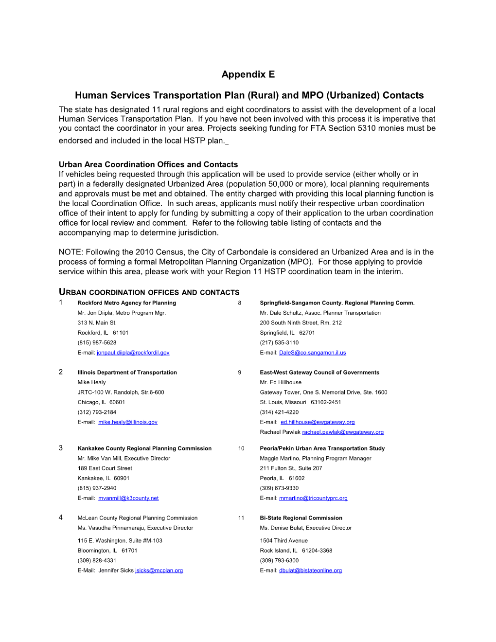 Human Services Transportation Plan (Rural) and MPO (Urbanized) Contacts