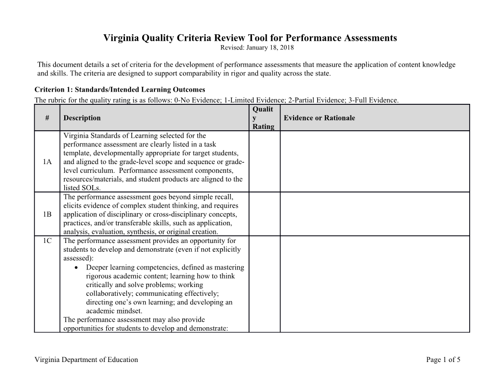 Virginia Quality Criteria Review Tool for Performance Assessments