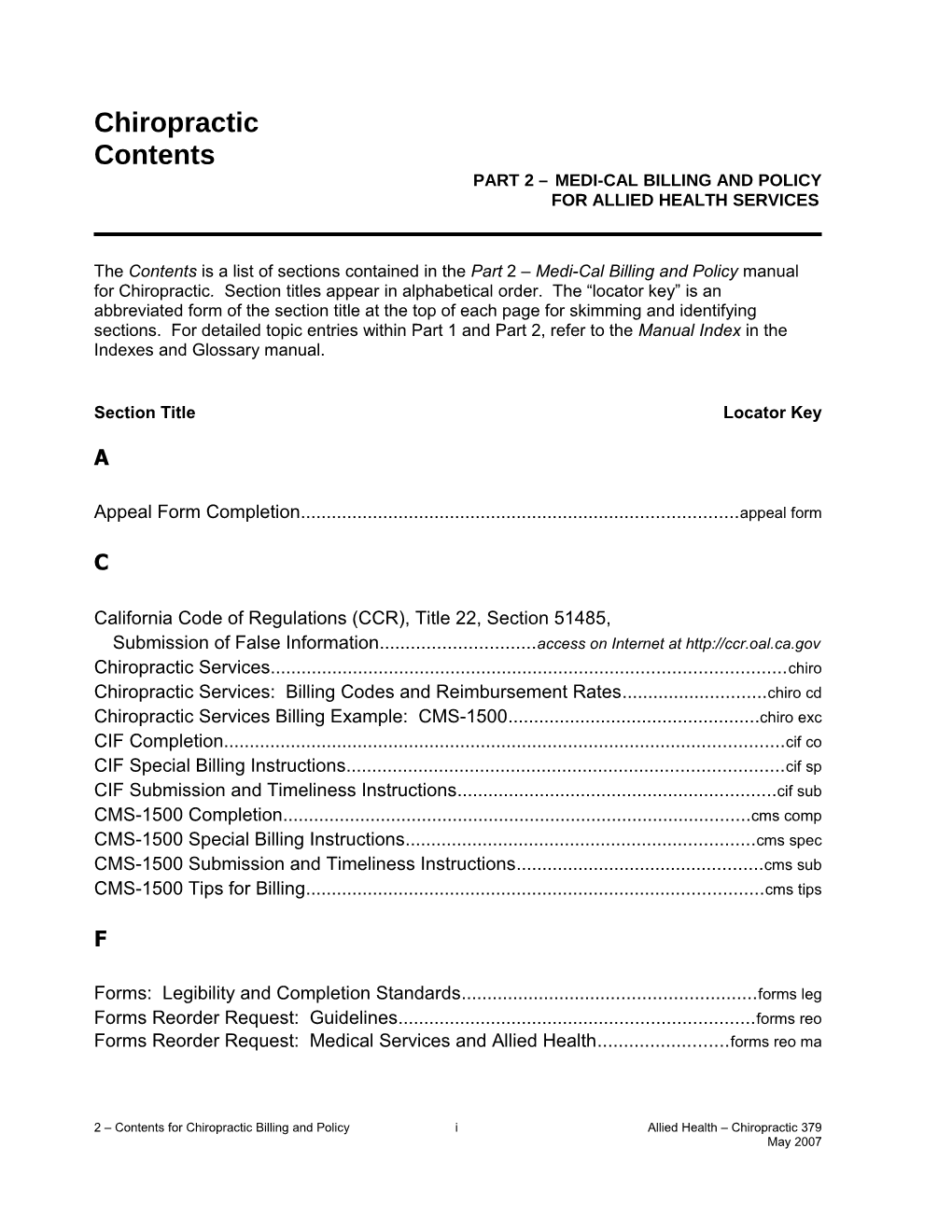 Contents (Part 2 Medi-Cal Billing and Policy): Chiropractic (2Toc Chr)