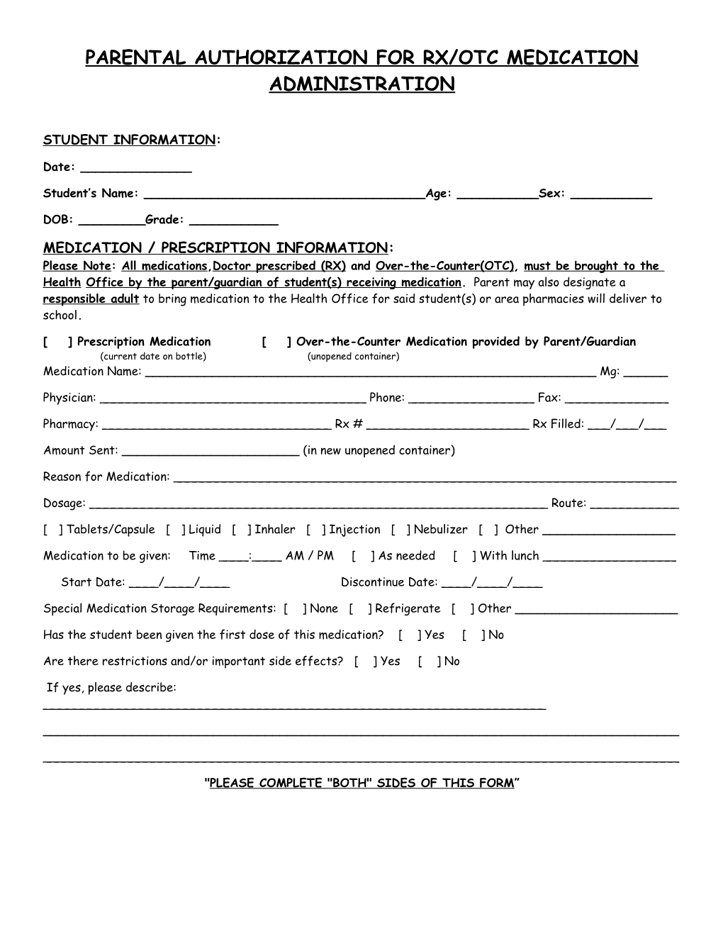 Parental Authorization for Rx/Otc Medication Administration