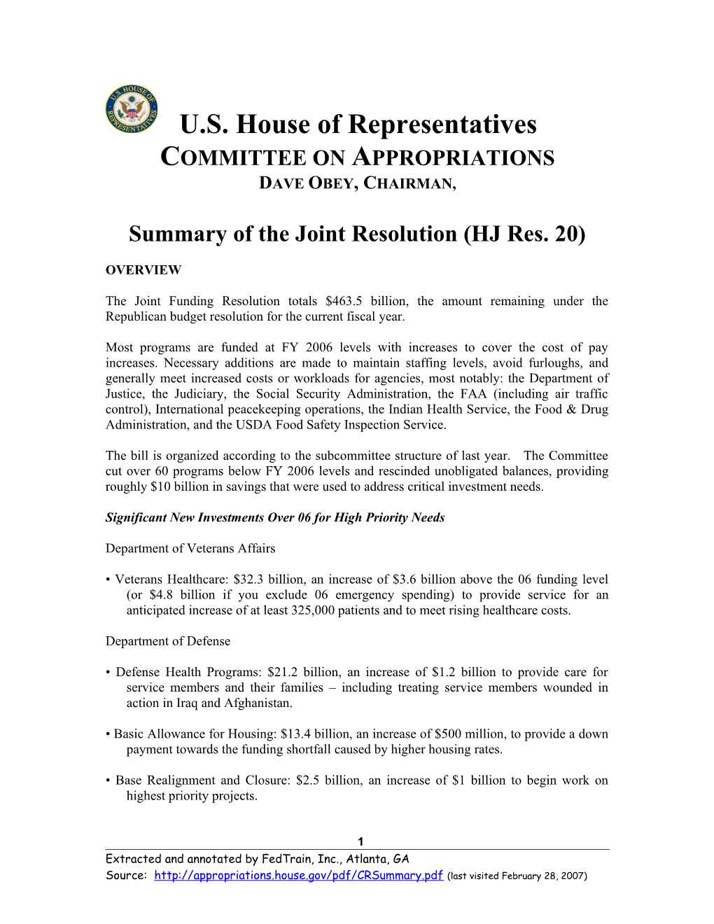 Summary of the Joint Resolution (HJ Res. 20)