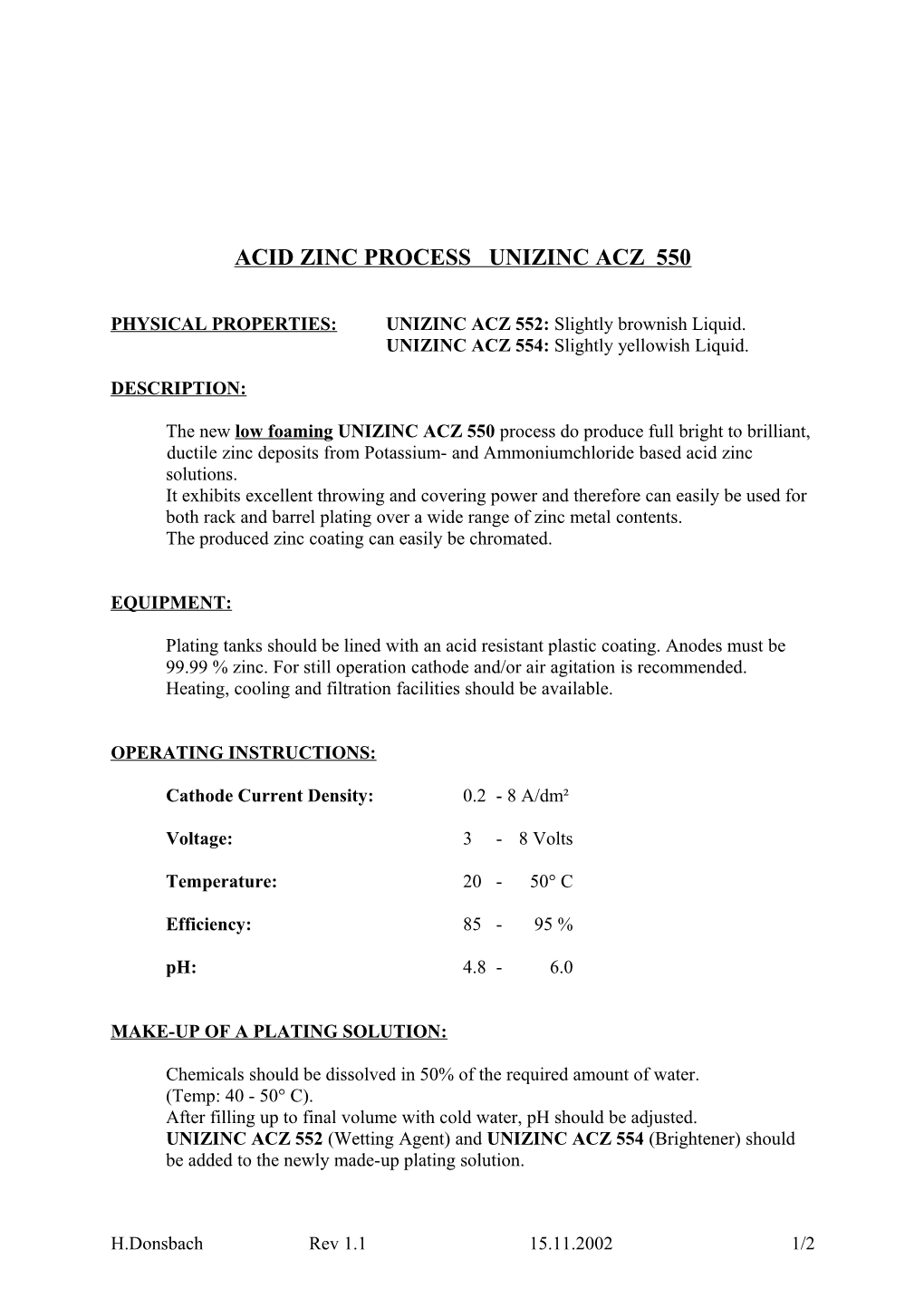 Acid Zinc Process Unizinc Acz 550