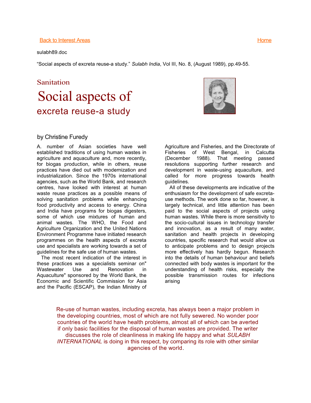 Social Aspects of Excreta Reuse-A Study. Sulabh India, Vol III, No. 8, (August 1989), Pp.49-55