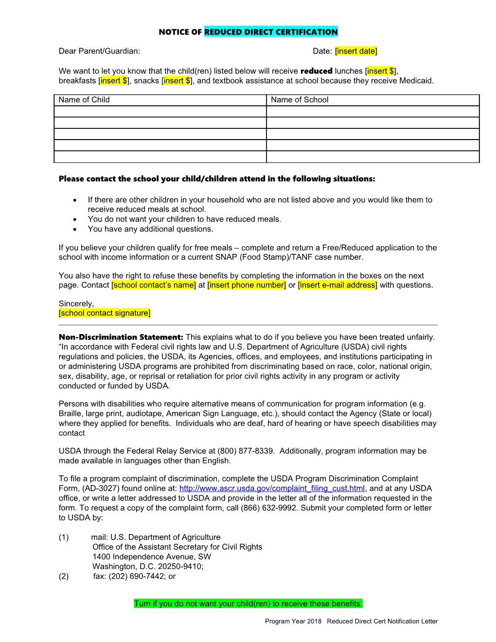 National School Lunch Program Eligibility Notification Letter