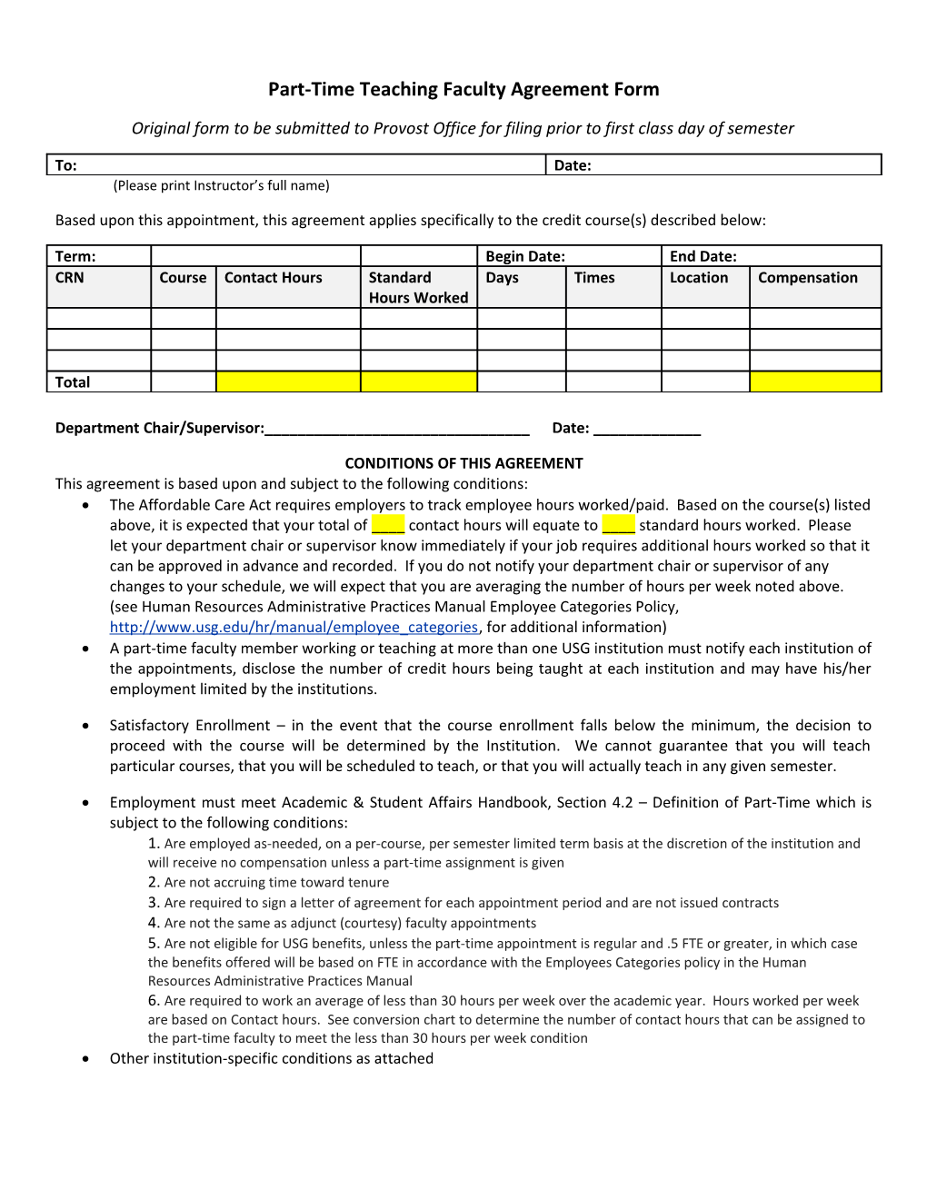 Part-Time Teaching Faculty Agreement Form