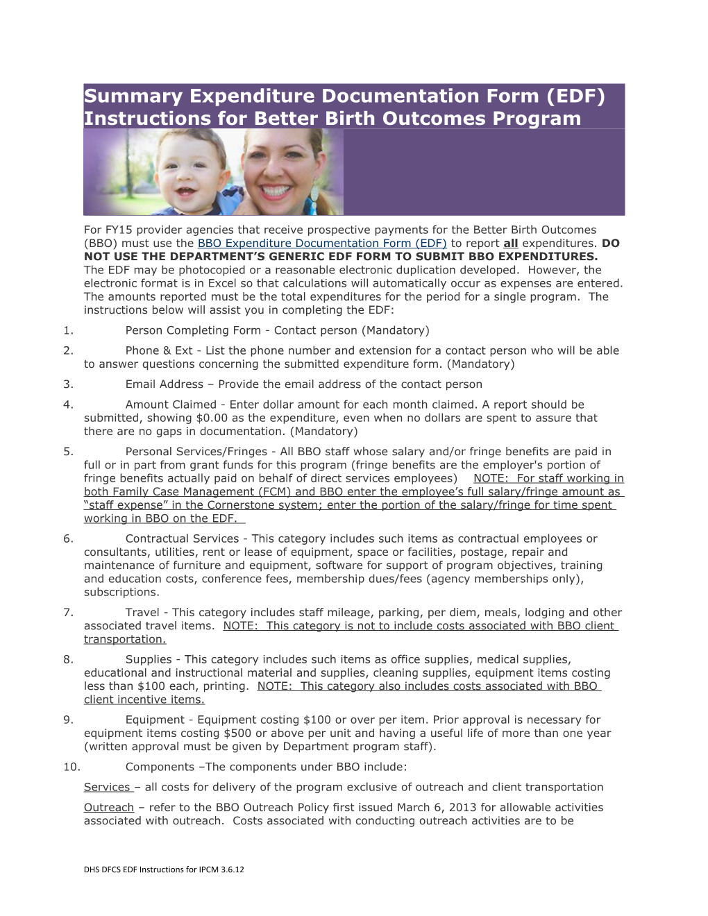 Summary Expenditure Documentation Form (EDF) Instructions for Better Birth Outcomes Program