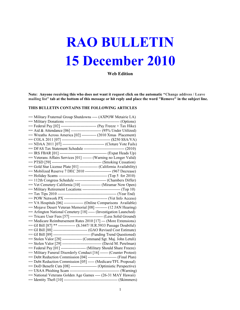 RAO Bulletin Update 15 Oct 2007
