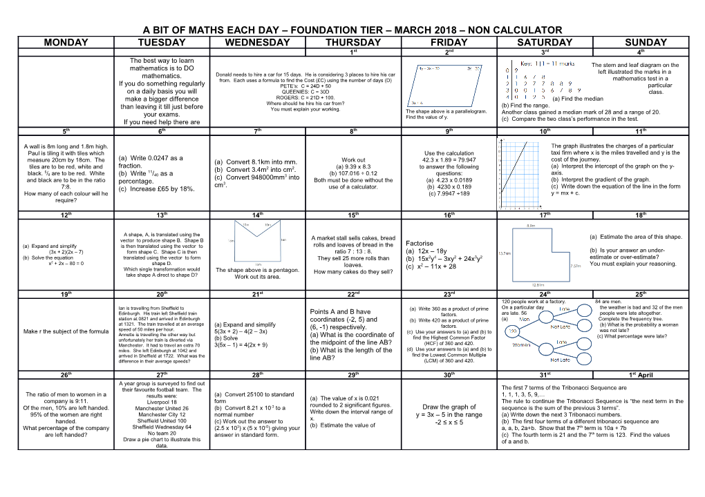 A Bit of Maths Each Day Foundation Tier March 2018 Non Calculator