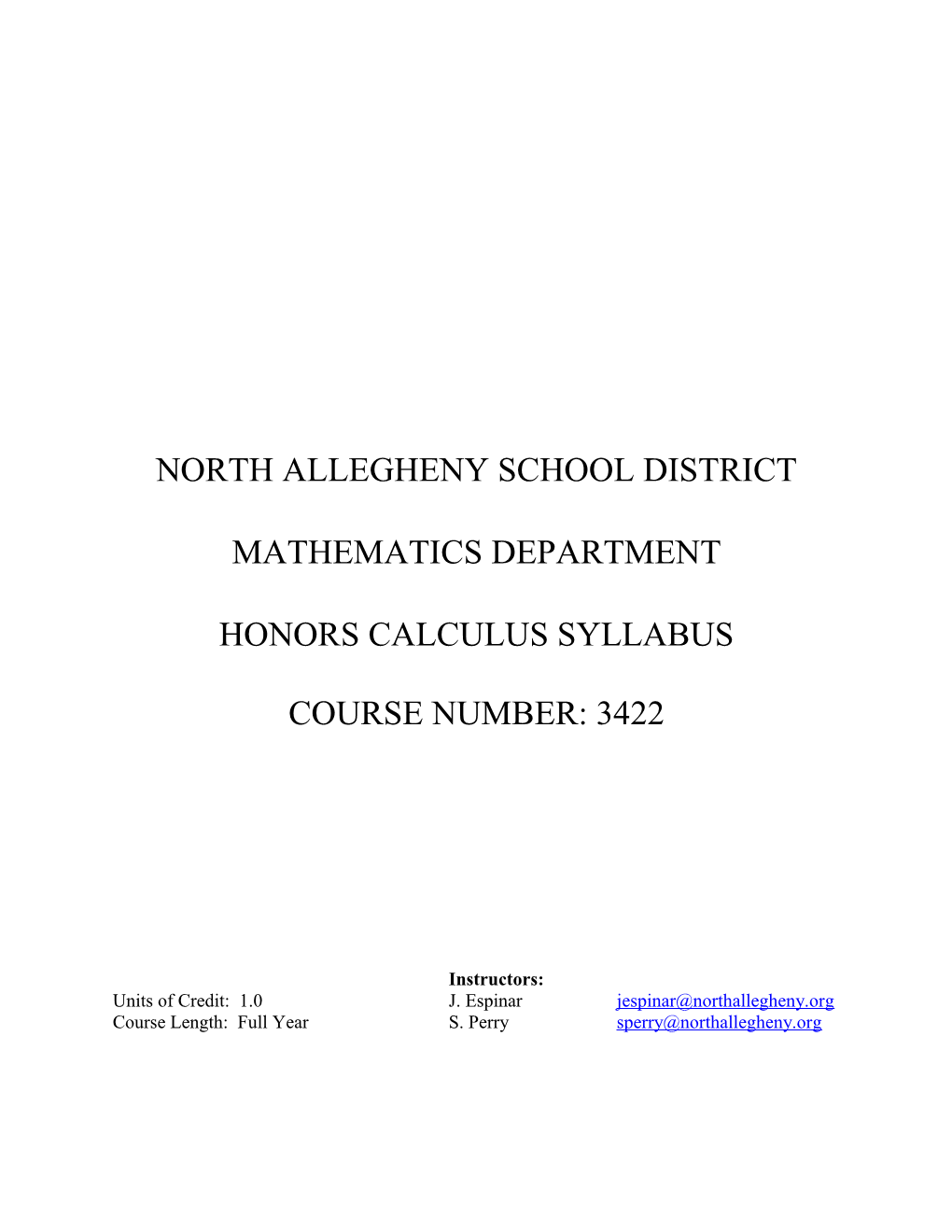Honors Calculus Syllabus