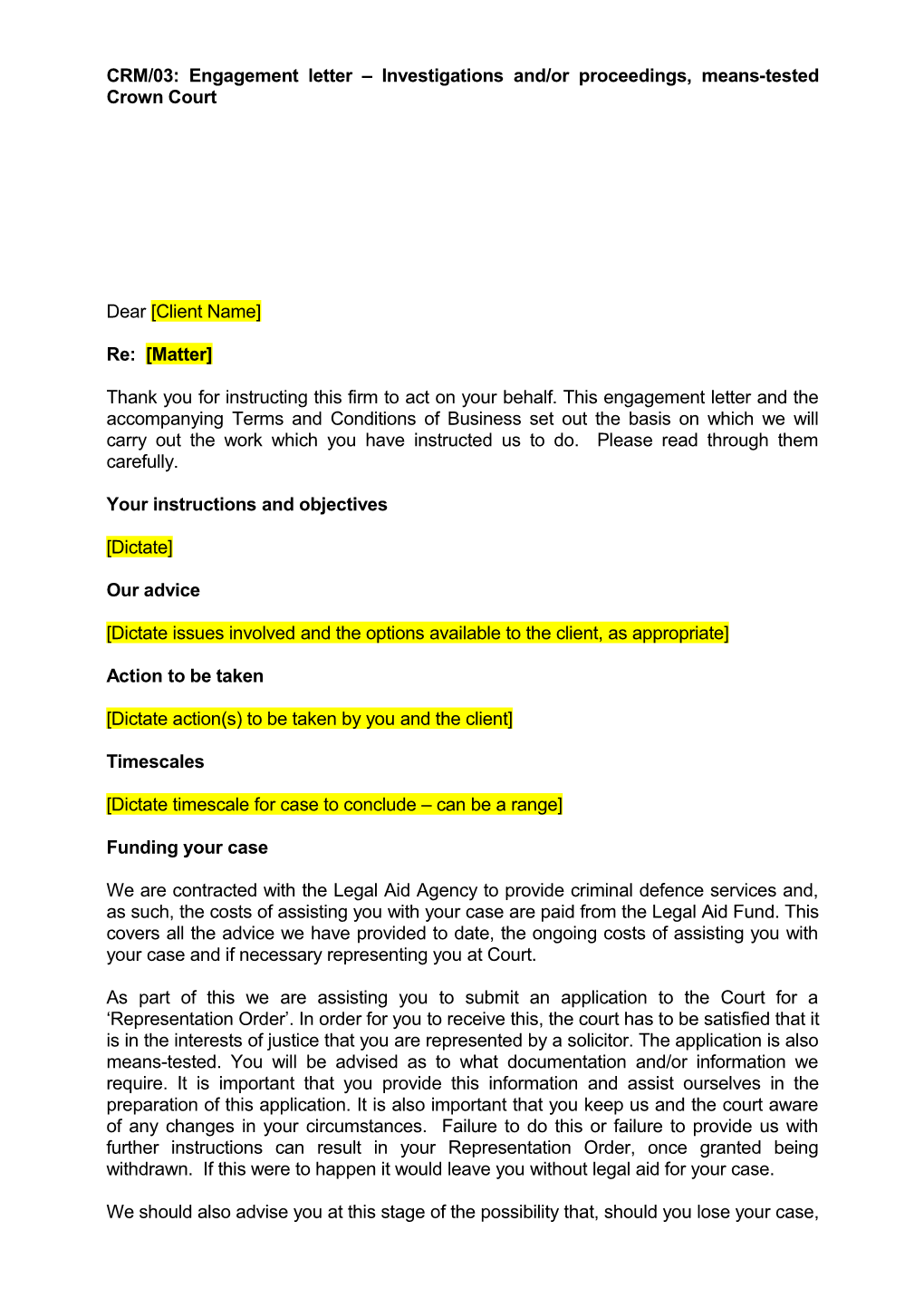 CRM/03: Engagement Letter Investigations And/Or Proceedings, Means-Tested Crown Court