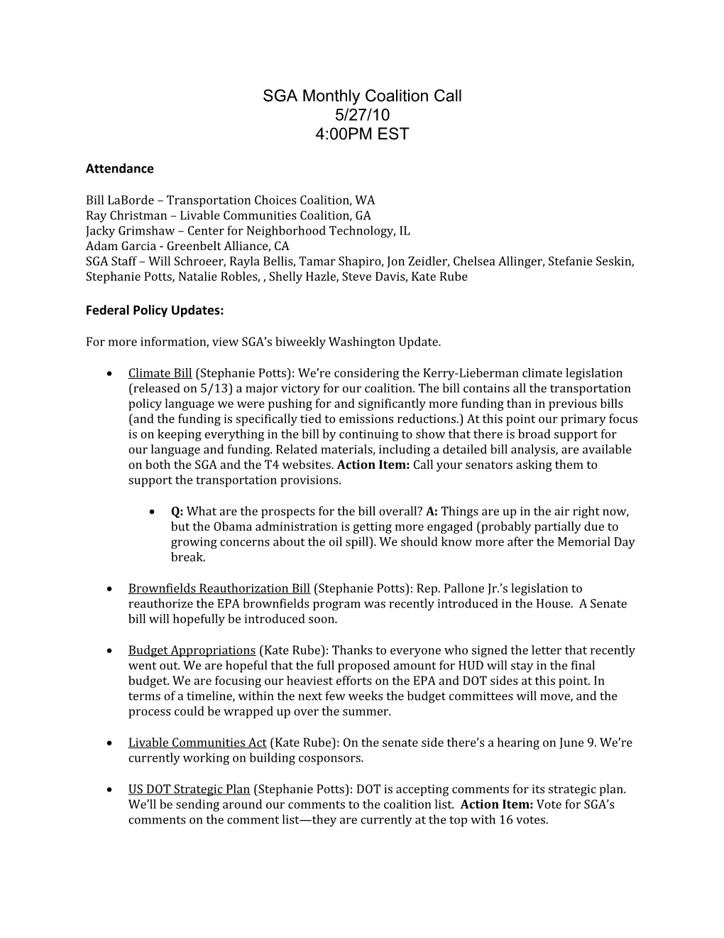 SGA Monthly Coalition Call 2-18-2010