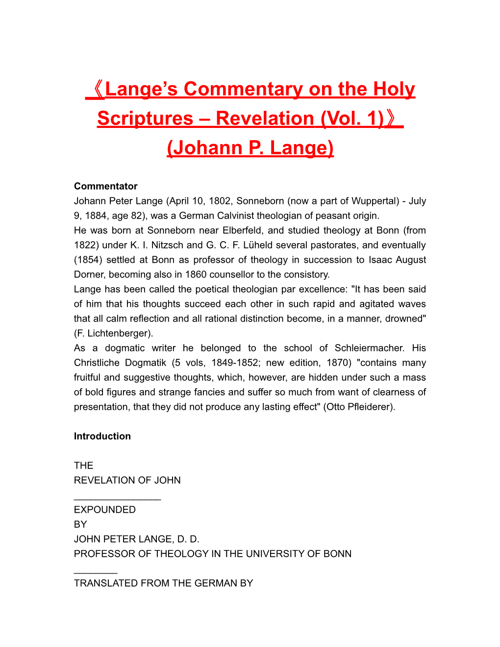 Lange S Commentary on the Holyscriptures Revelation (Vol. 1) (Johann P. Lange)