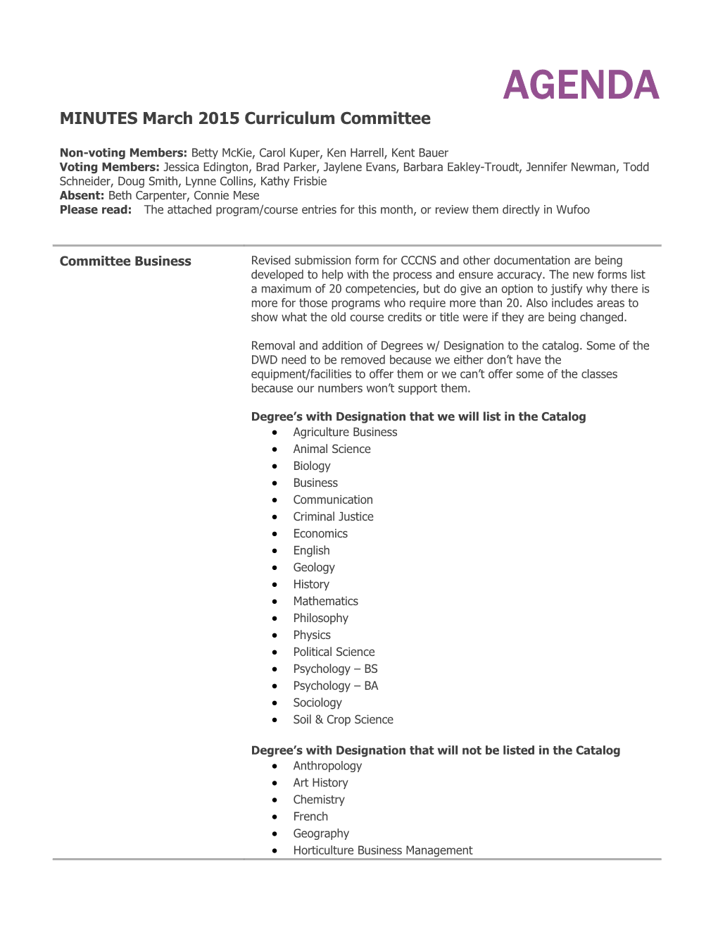 MINUTES March 2015 Curriculum Committee
