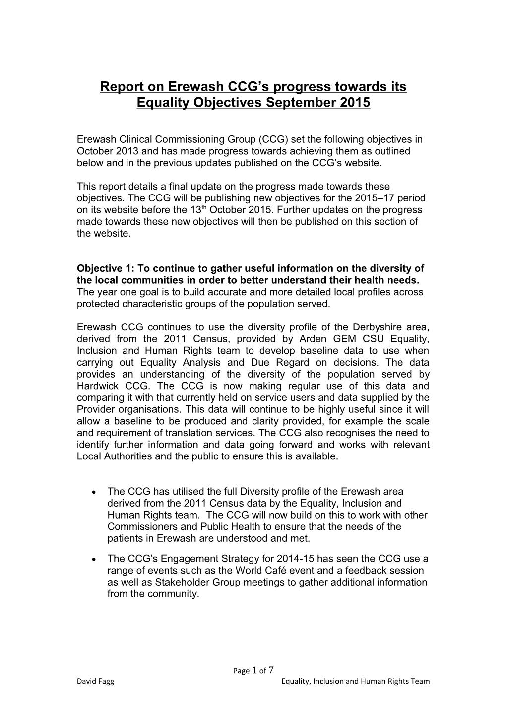 Report on Erewash CCG S Progress Towards Its Equality Objectives September 2015