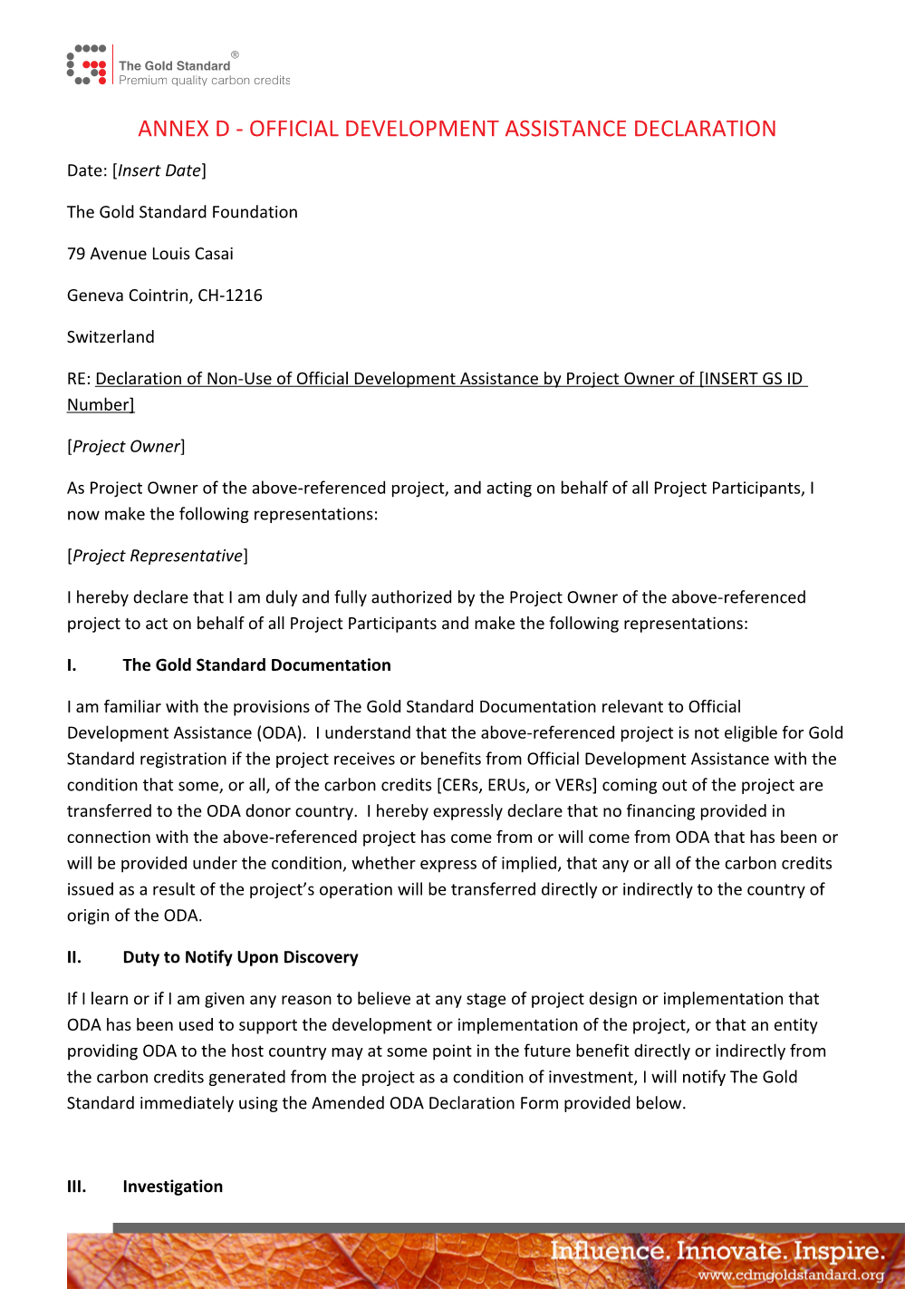 Annex D - Official Development Assistance Declaration