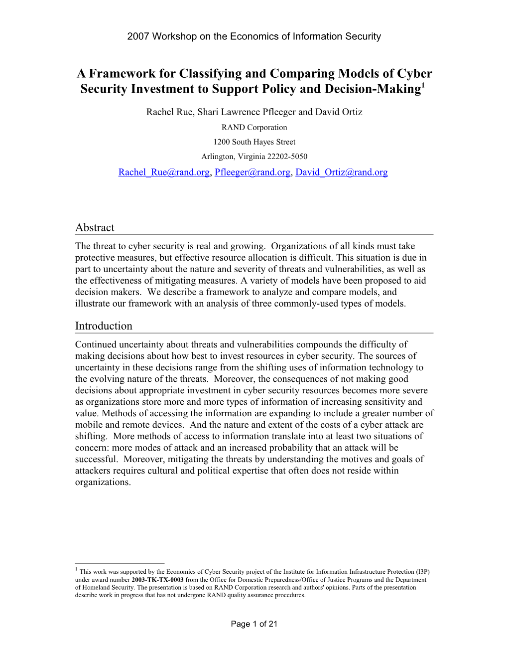 Framework for Classifying and Comparing Models of Investment in Cyber Security for Policy