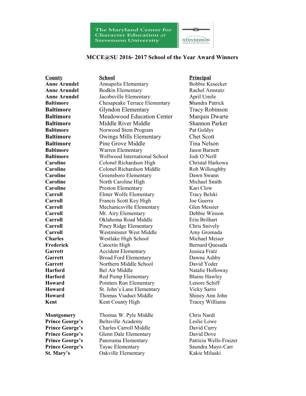 MCCE SU 2016- 2017 School of the Year Award Winners