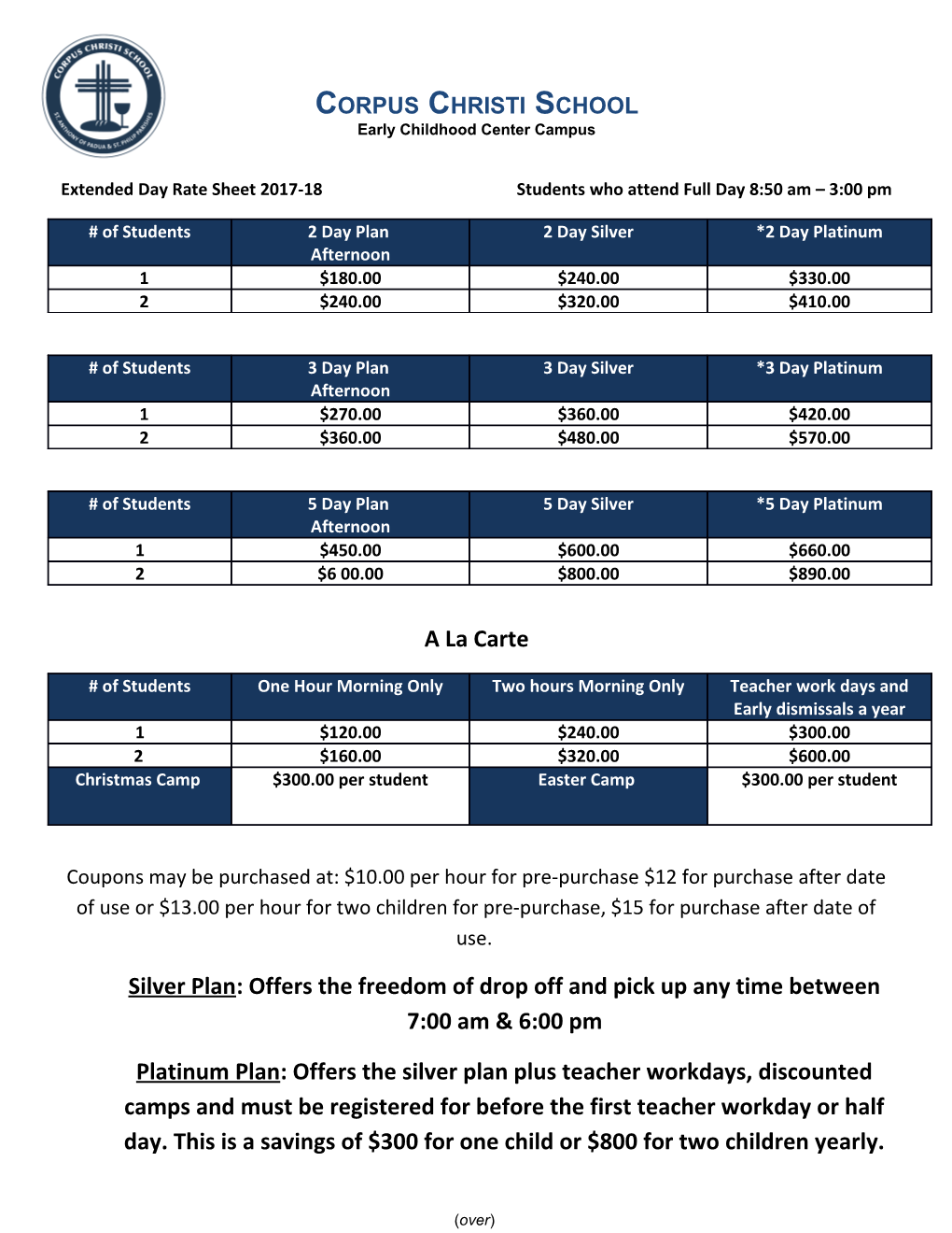 Extended Day Rate Sheet 2017-18 Students Who Attend Full Day 8:50 Am 3:00 Pm