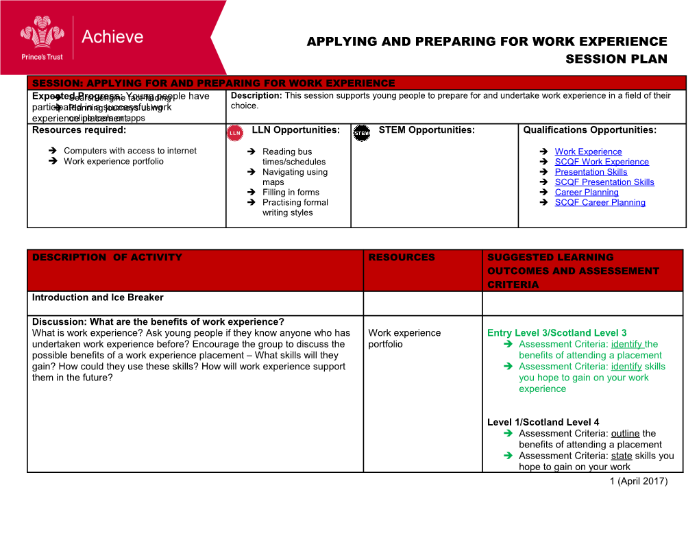 Applying and Preparing for Work Experience Session Plan