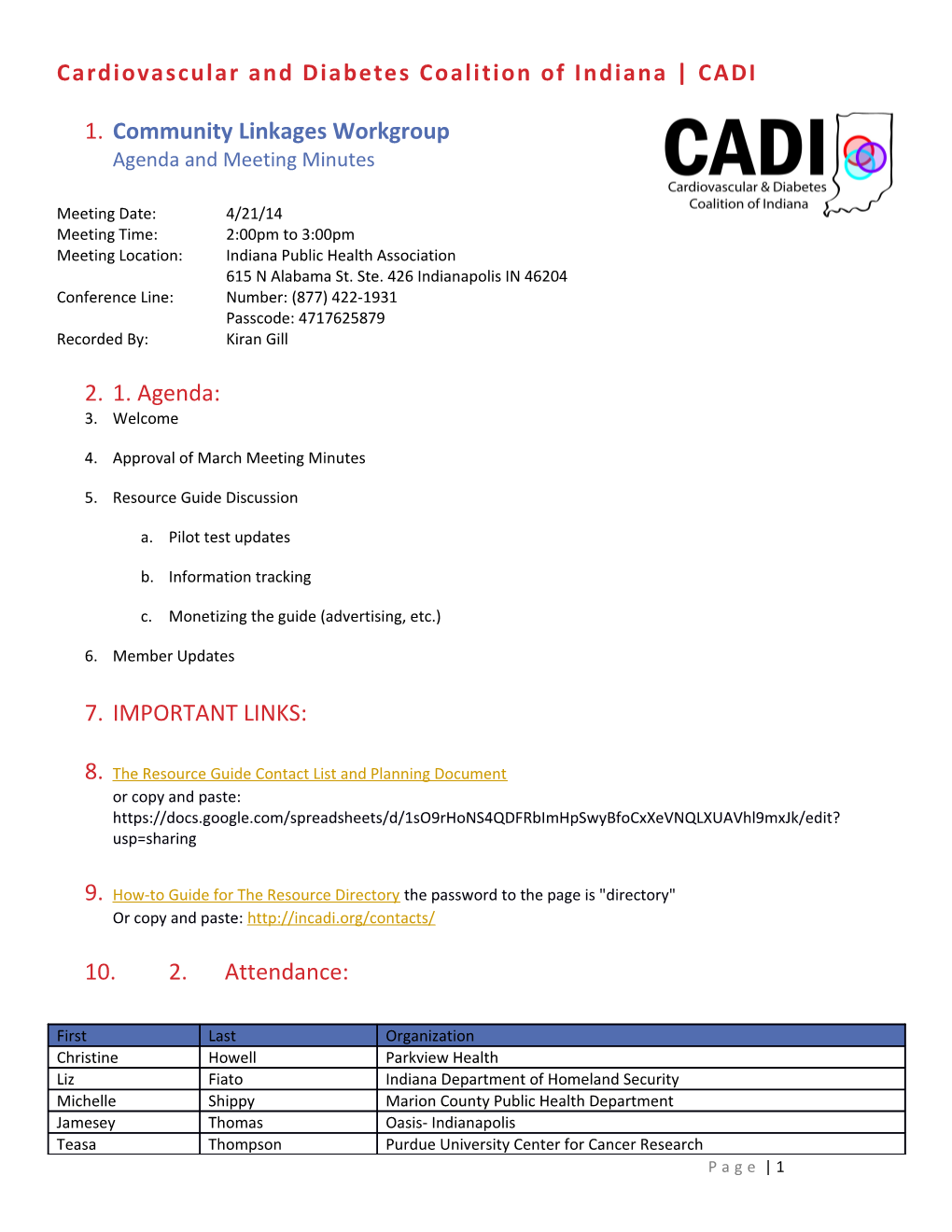 Cardiovascular and Diabetes Coalition of Indiana CADI