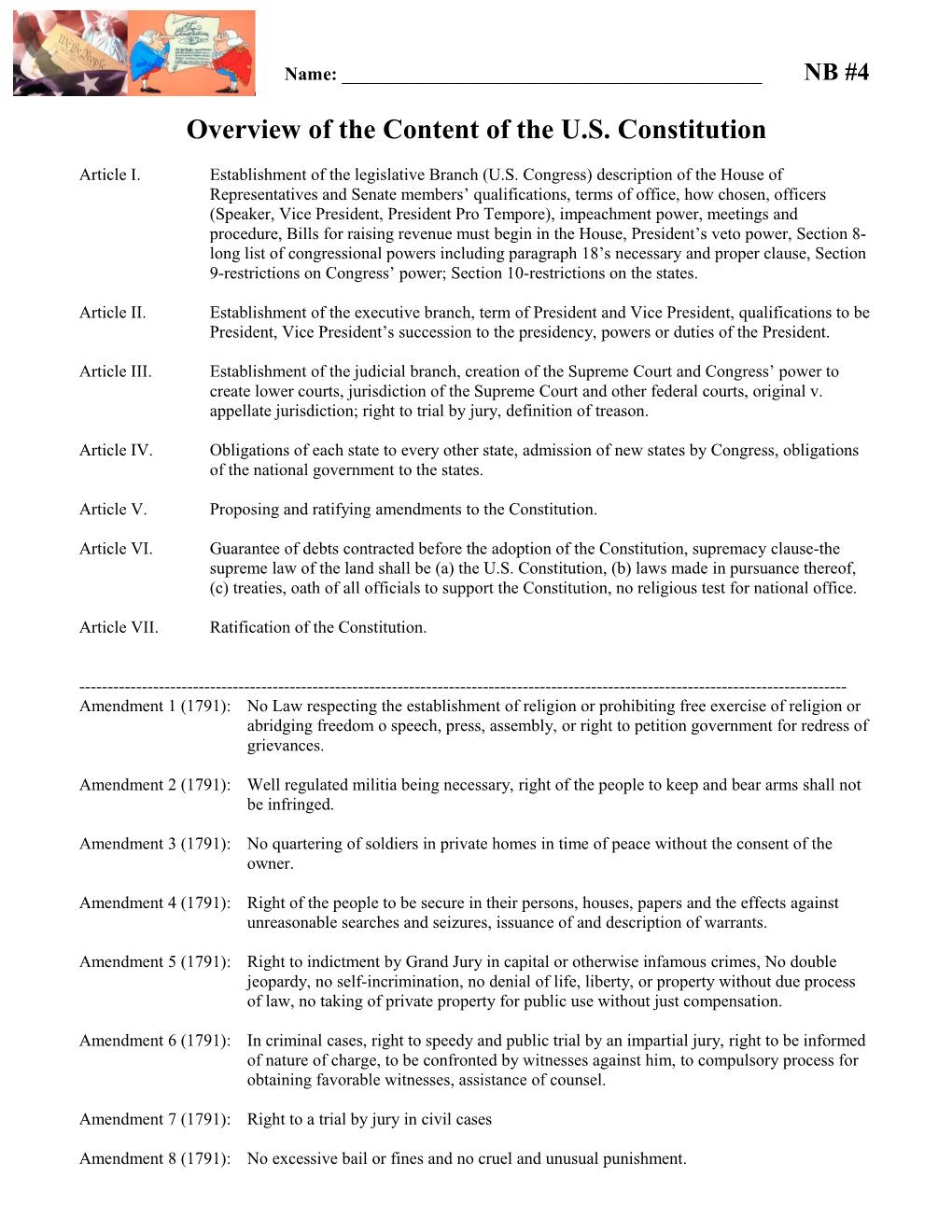 Overview of the Content of the U.S. Constitution