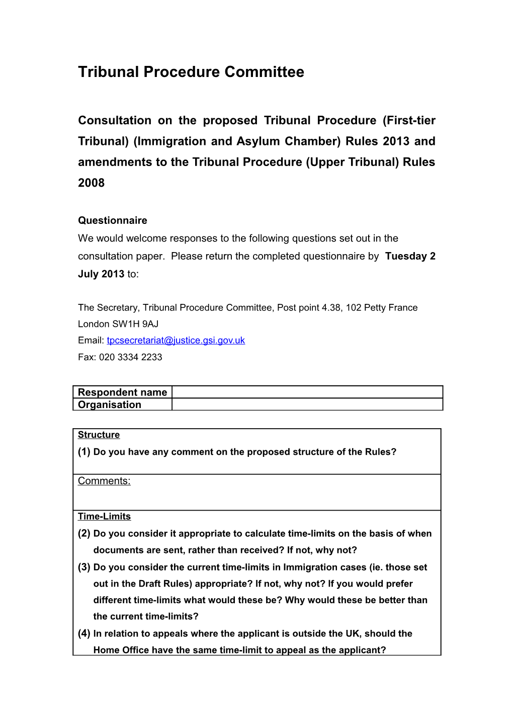 Tribunals Procedure Committee - Response Questionnaire