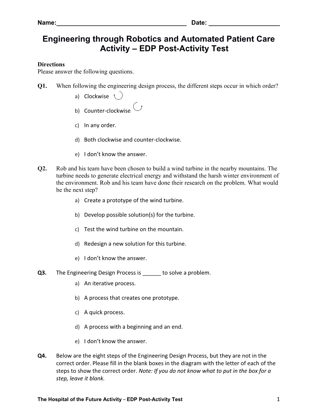 Engineering Through Robotics and Automated Patient Care Activity EDP Post-Activity Test