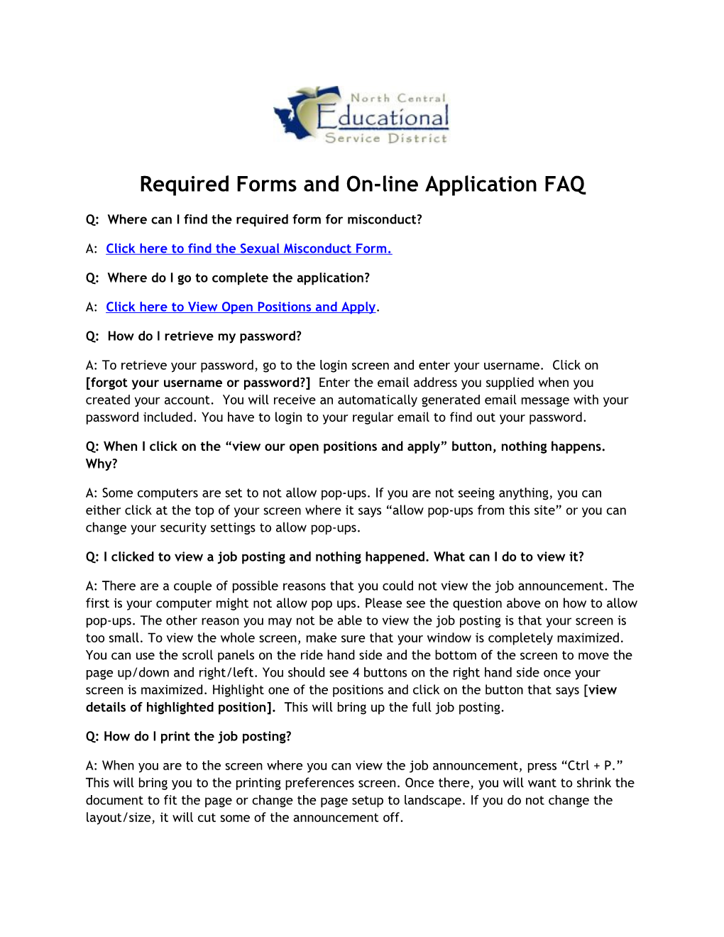 Required Forms and On-Line Application FAQ