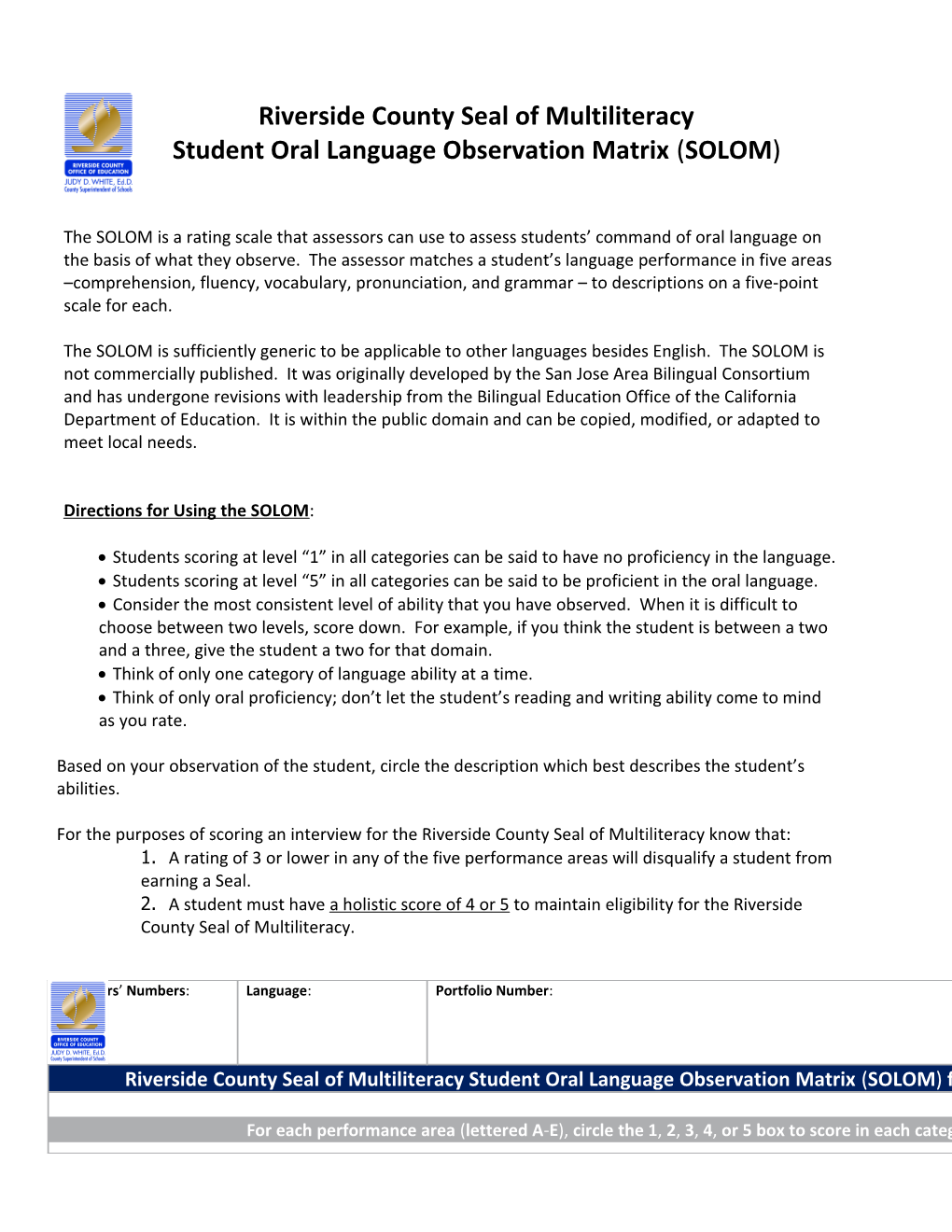 Student Oral Language Observation Matrix (SOLOM)