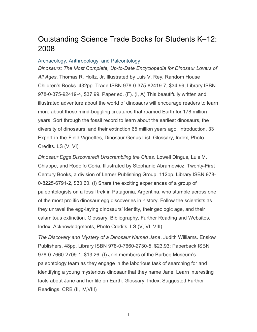 Outstanding Science Trade Books for Students K 12: 2008
